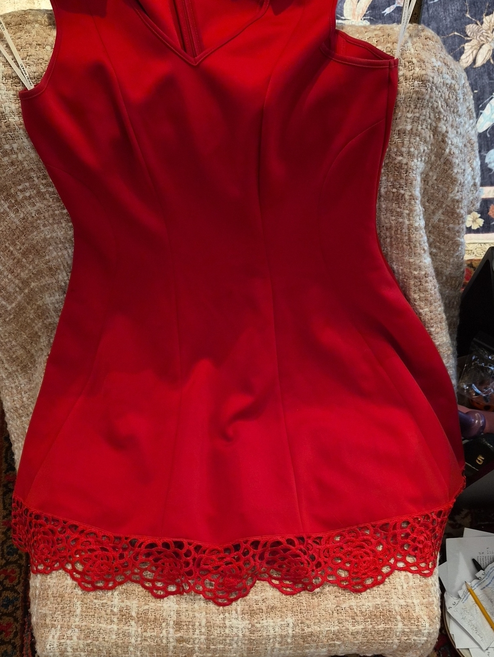 Donna Ricco Red Sleeveless Mini Dress with Lace Hem, Size 14